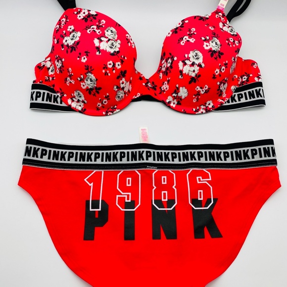 Victoria's Secret PINK NEW RARE BRA 36B AND BIKINI (M) SET RED/BLACK FLORAL - Picture 3 of 10